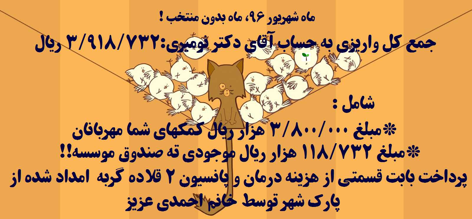 پرداخت  قسمتی از هزینه 2 قلاده گربه امداد شده از پارک شهر تهران